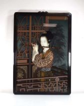 A Chinese reverse painting on glass depicting a figure playing a flute, image 65 x 44 cm