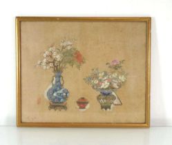 A Chinese Export painting on silk depicting two vases of flowers, image 32 x 40 cm