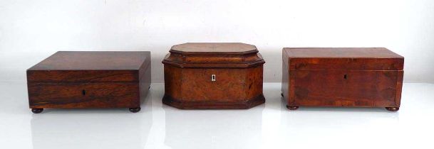 A 19th century mahogany, walnut and oyster veneered box on bun feet, together with rosewood and