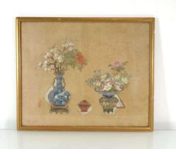 A Chinese Export painting on silk depicting two vases of flowers, image 32 x 40 cm Heavy foxing