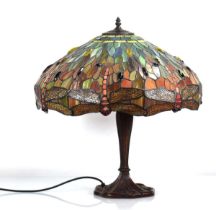 A contemporary Tiffany-style lamp decorated with dragonflies, di. 50 cm, h. 53 cm One section of
