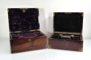 A Victorian rosewood and brass mounted jewellery box with a fitted interior and detachable tray,