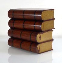 A pair of mahogany and marquetry boxes modelled as stacks of books, one a caddy and the other a