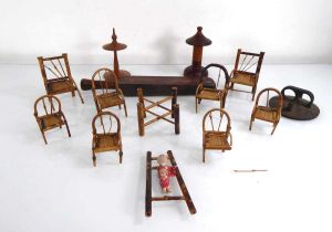 A group of treen including two hat pin holders, miniature bamboo furniture etc. (Qty)