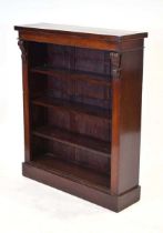 A Victorian mahogany open bookcase with three adjustable shelves on a plinth base, w. 91 cm, h.