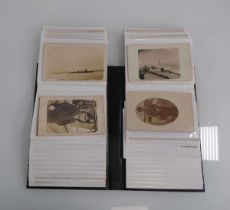 An album of postcards including 'Green Goddess at Dungeness', HMS Dublin, HMS Agincourt, HMS