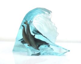 A limited edition sculpture by Robert Wyland 'Dolphins Riding The Waves', numbered 871/950, h. 28 cm