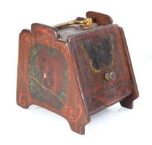 A miniature apprentice model of a coal scuttle with painted decoration, h. 13 cm Hinges operate