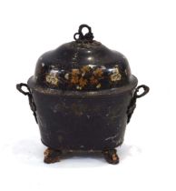 A late 19th century black tole coal bucket with floral decoration on scrolled cast feet, w. 47 cm