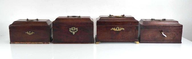 A George III mahogany and rosewood banded three-compartment caddy with brass bracket feet,