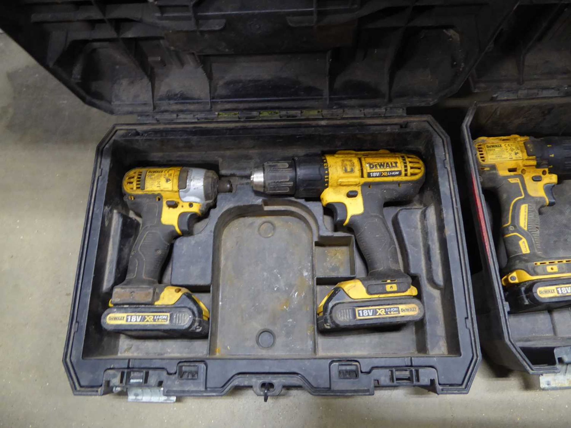 +VAT DeWalt tool kit consisting of three impact drives, two drills, four batteries and a charger - Image 2 of 4