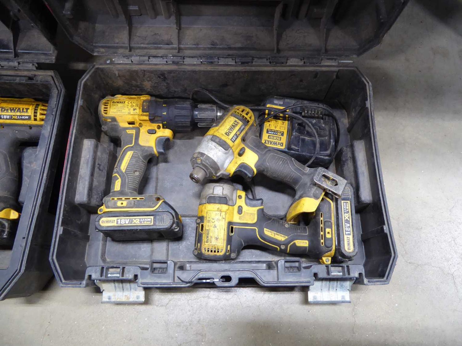 +VAT DeWalt tool kit consisting of three impact drives, two drills, four batteries and a charger - Image 3 of 4