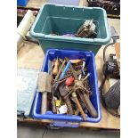 Two boxes of various tools containing files, clamps, spanners, fixings, wooden bowl, screws,