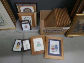 2 boxes containing embroideries inc. children, coastal scenes, teddy bears and Egyptian Pharoah