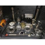 Cage containing candlesticks, goblets, candle snuffer, various pill boxes and coasters