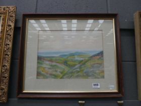 Pastel drawing of rolling hills and church