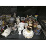 Cage containing Japanese export crockery, novelty teapot, glassware, blue and white china, ash trays