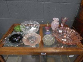 Crystal bowl, paper weight, cake dish and coloured glass bowls