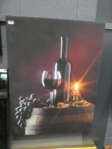 Modern wall hanging still life with wine glass, bottle, and grapes