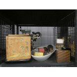 Cage containing small elephant seat, lidded Chinese box, horn beakers and spoon plus trinket boxes