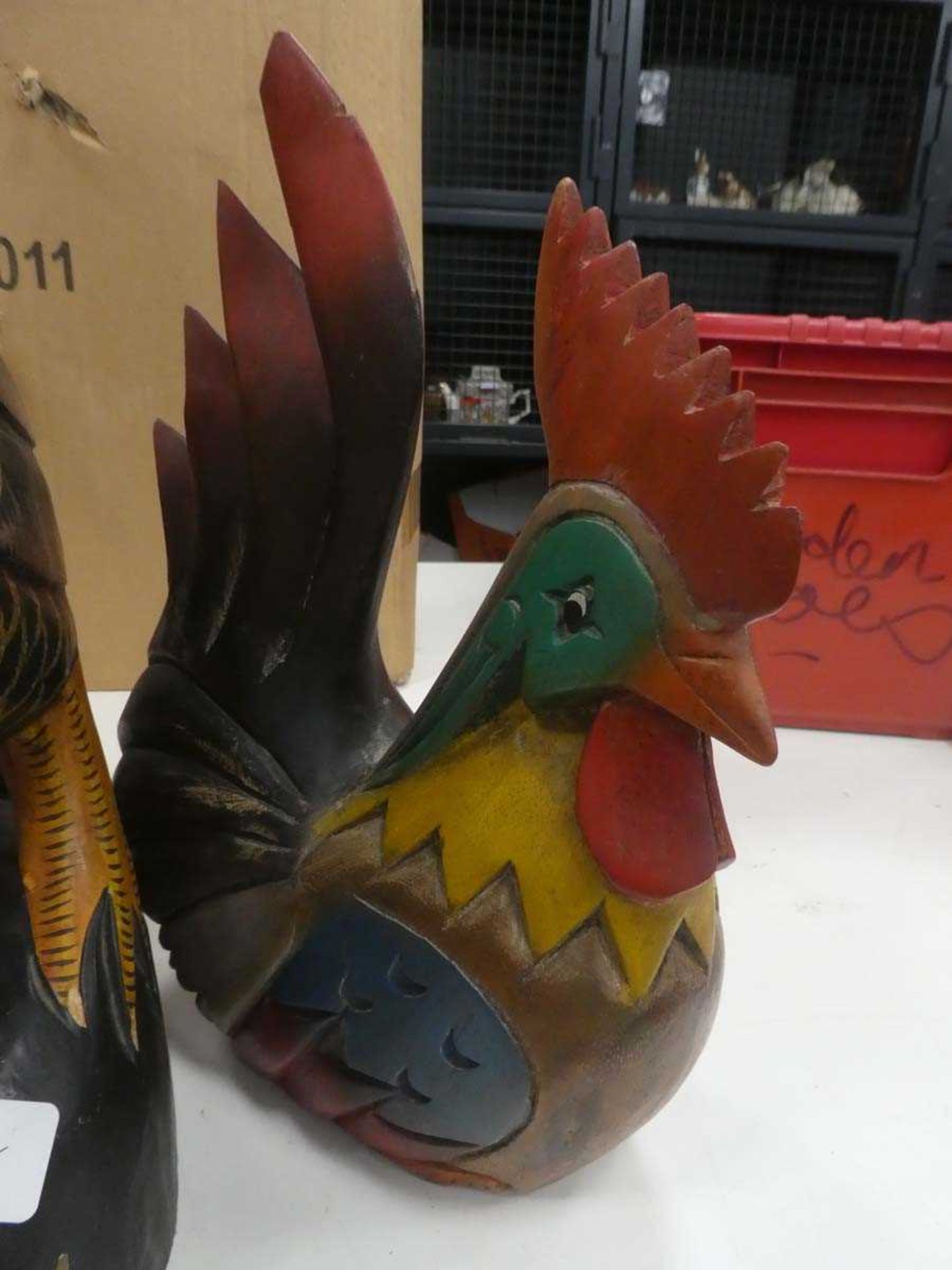 Rocking chicken plus 2 carved and painted cockerels - Image 4 of 4