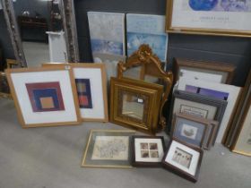 Large quantity of prints and mirrors inc. abstract, flowers, map of Hertfordshire, embroideries, and