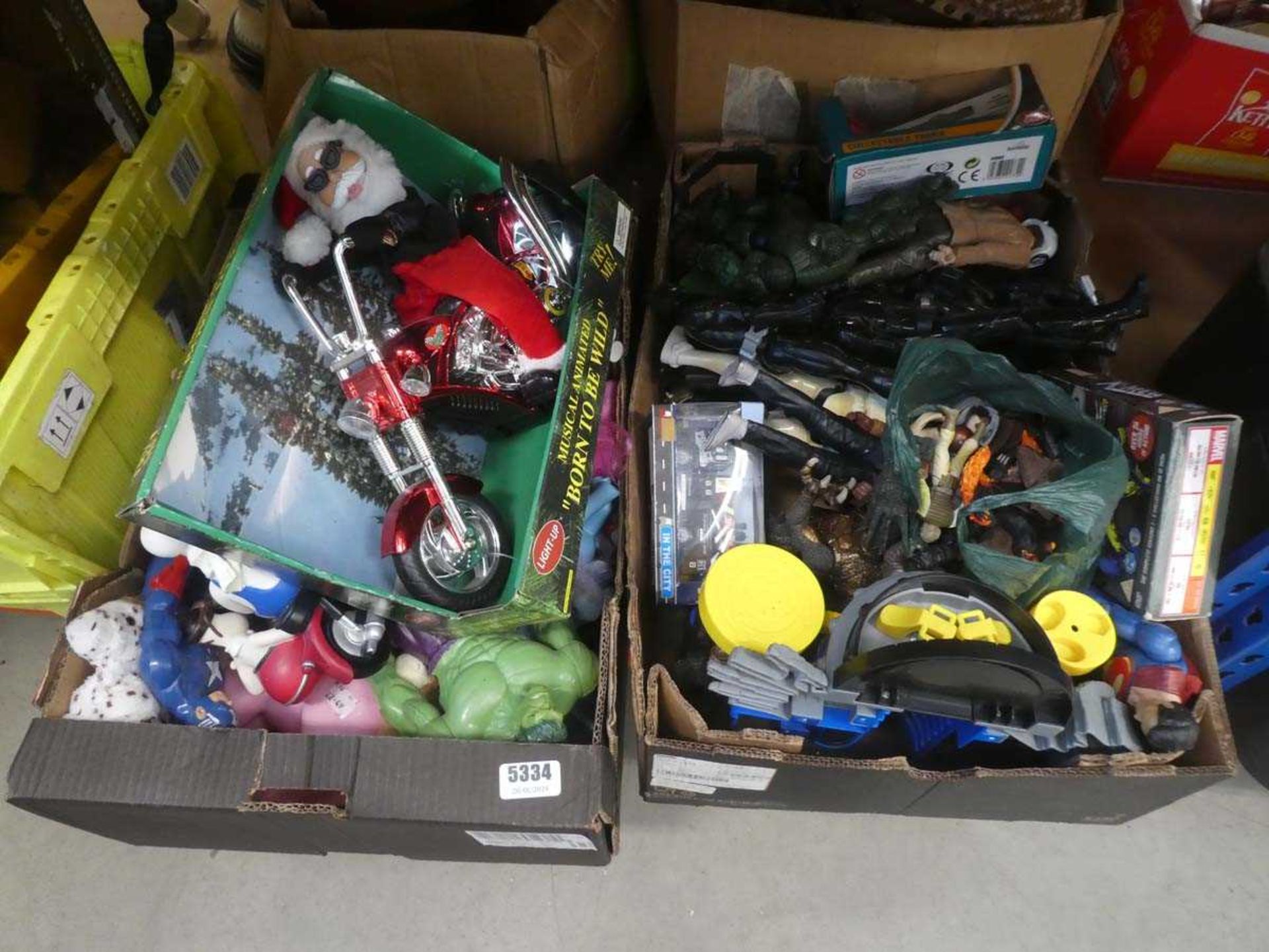 2 boxes containing Action Man, Hulk, My Little Pony, and other toys