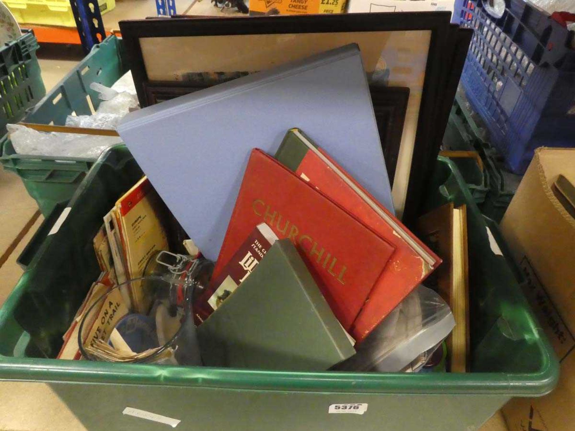 Box containing ordinance survey maps, Lilliput lane reference books plus jugs and other glassware