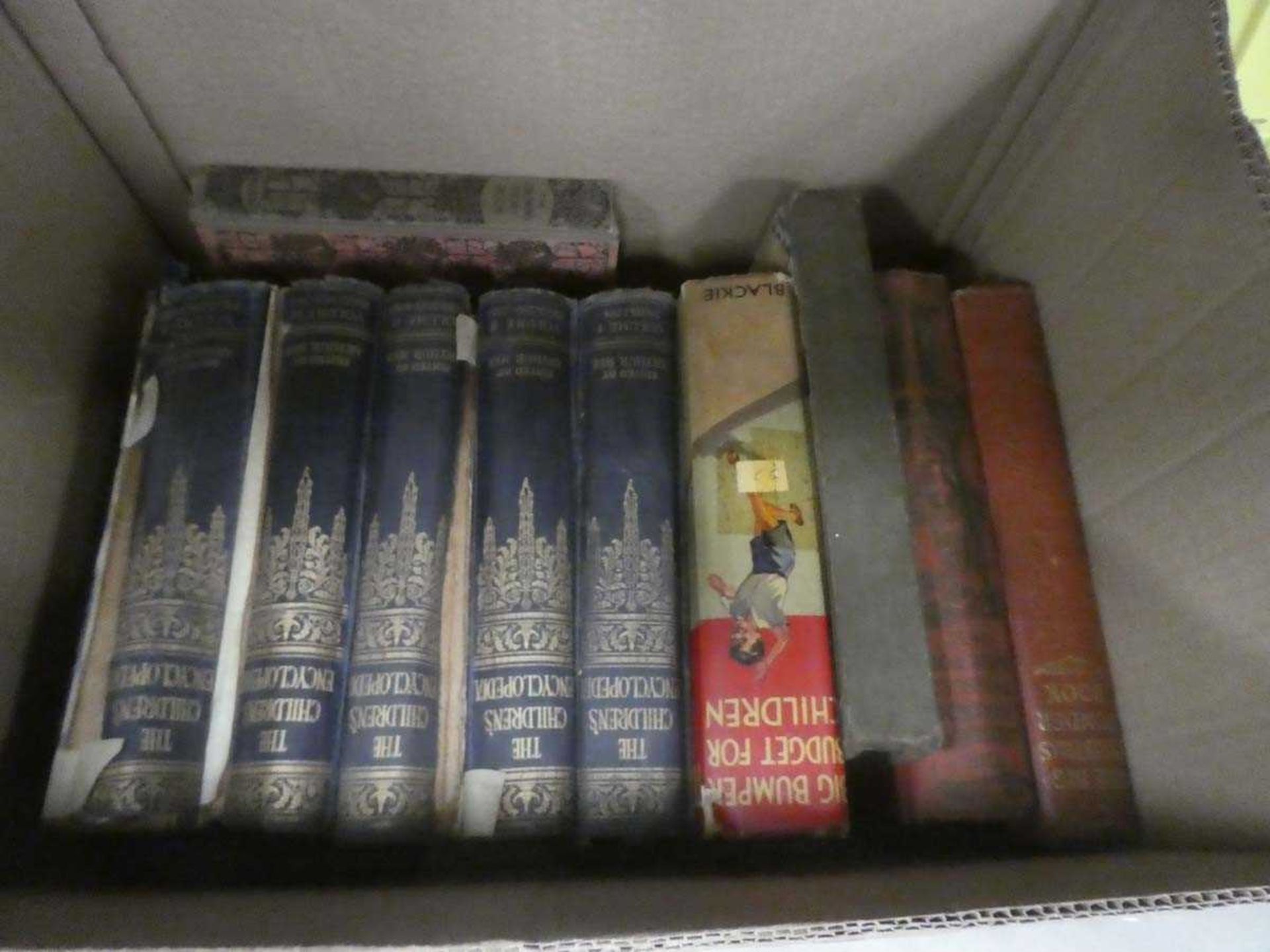 Box containing kids encyclopaedia and books of wonder