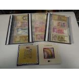 3 folders of world coins and bank notes, and 2 proof sets