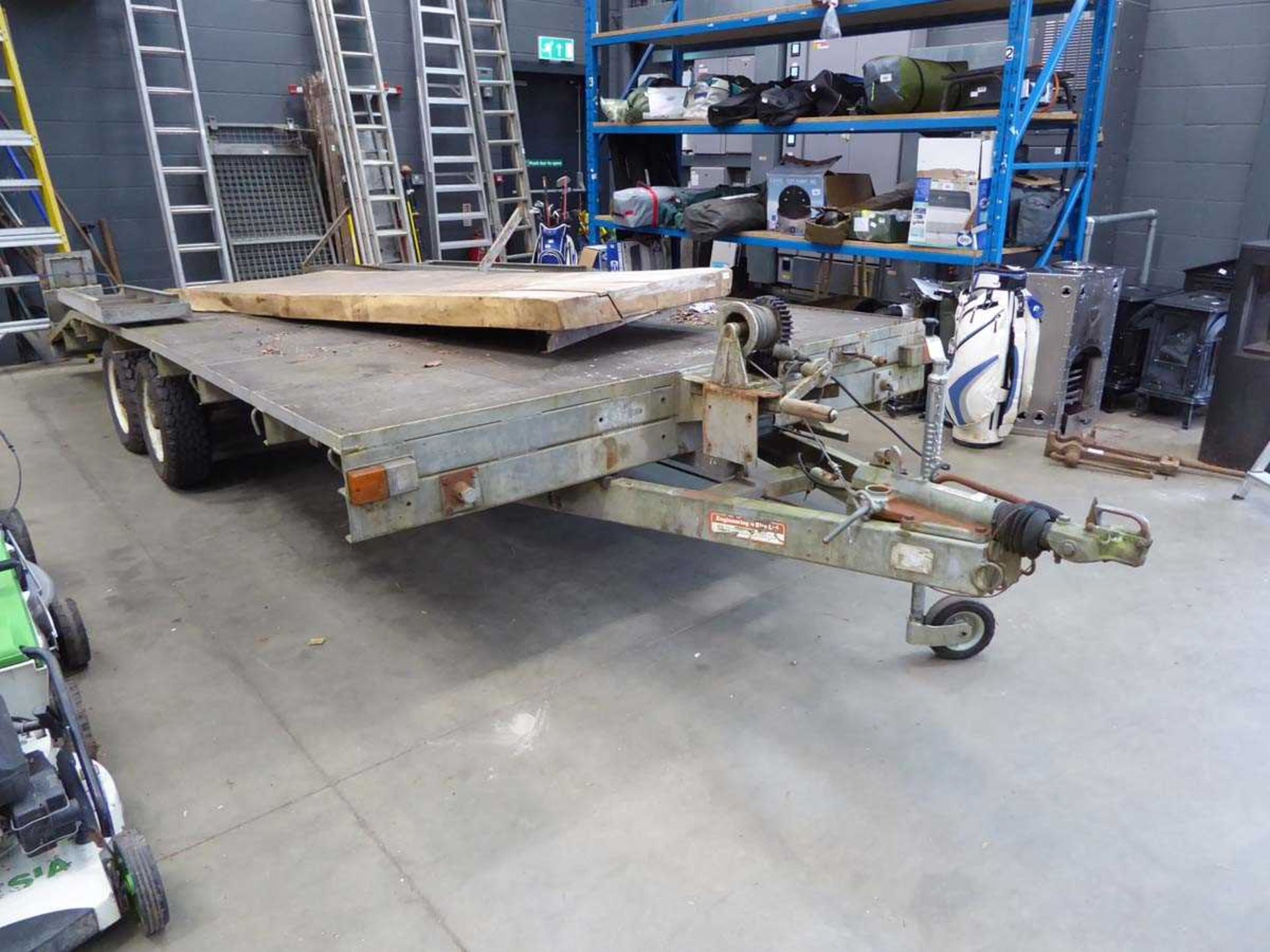 Large twin axle beaver tail plant trailer/car trailer with hand winch and ramps - Image 2 of 6