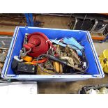 2 boxes of various items including ratchet straps, spanners, drill bits, tool belts etc