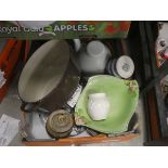 Box containing a Le Creuset casserole dish, Royal Winton fruit bowl, photo frame, various crockery