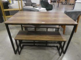 Pine finished table with metal supports and matching pair of benches