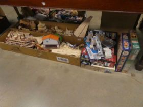 2 large boxes containing wooden models plus jigsaw puzzles and model kits