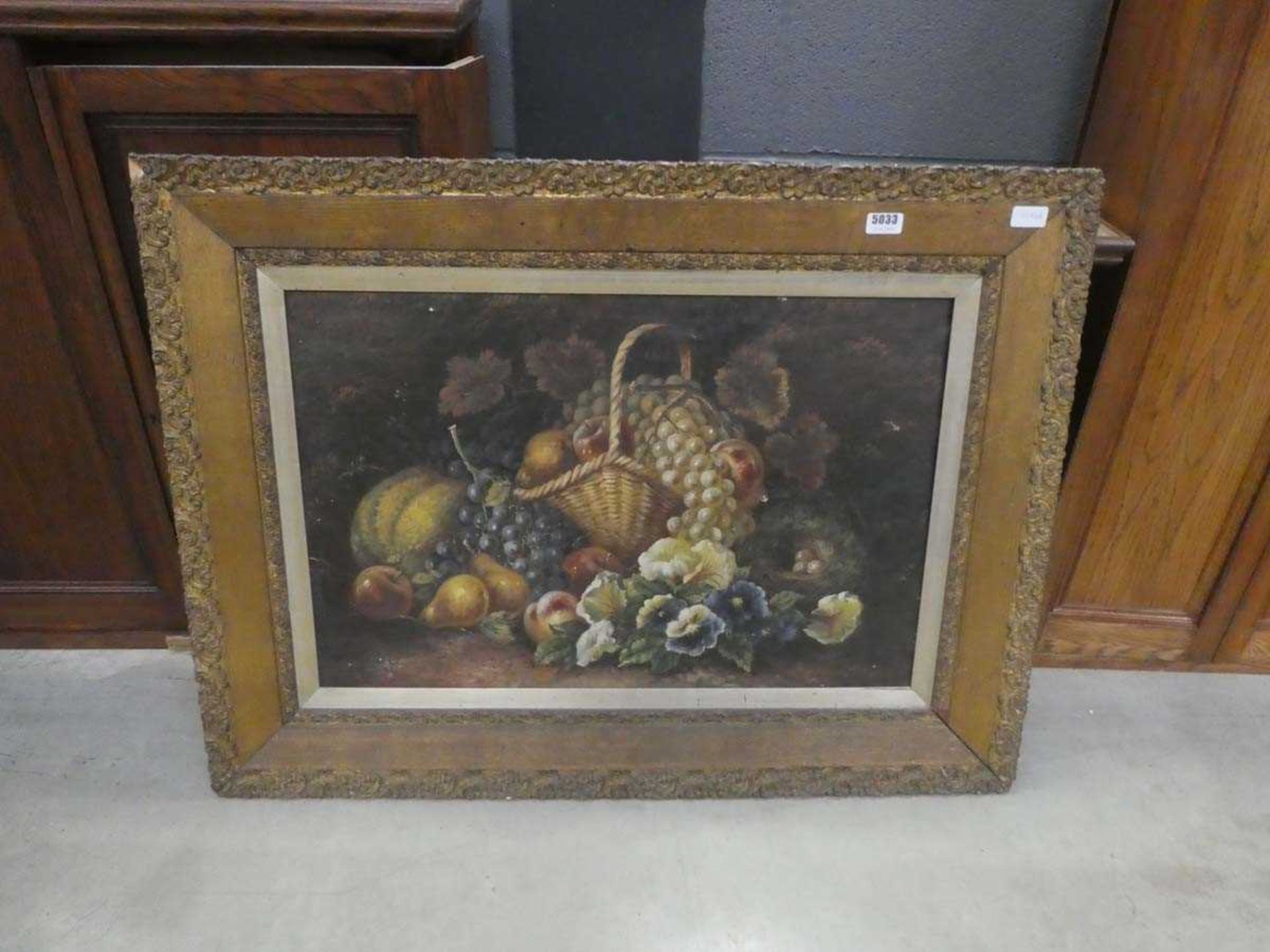 Victorian still life oil on canvas, fruit, flowers and basket