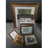 Quantity of small rural prints plus still life with flowers and a poppy embroidery