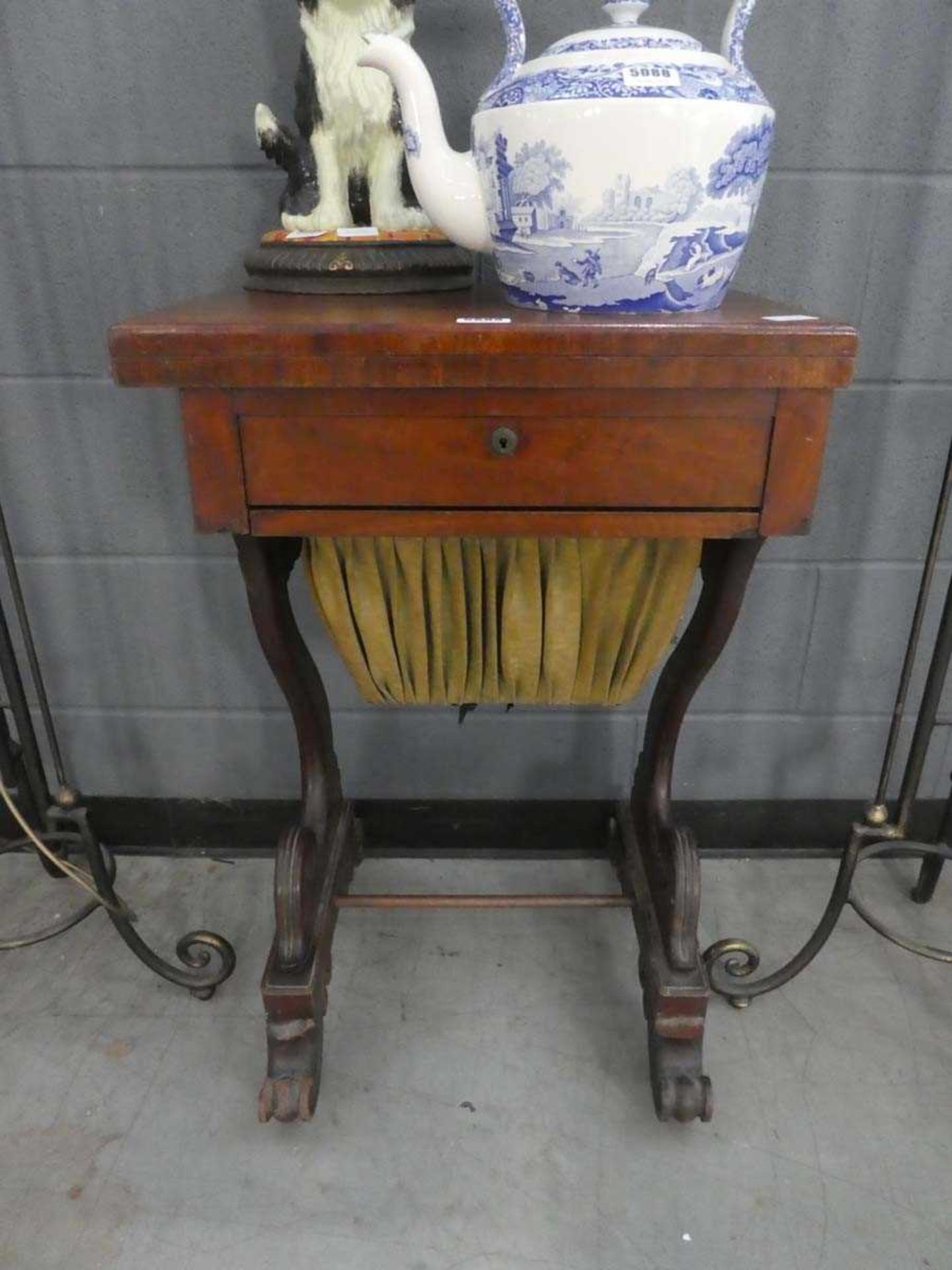 Victorian mahogany fold over gaming table with work basket under