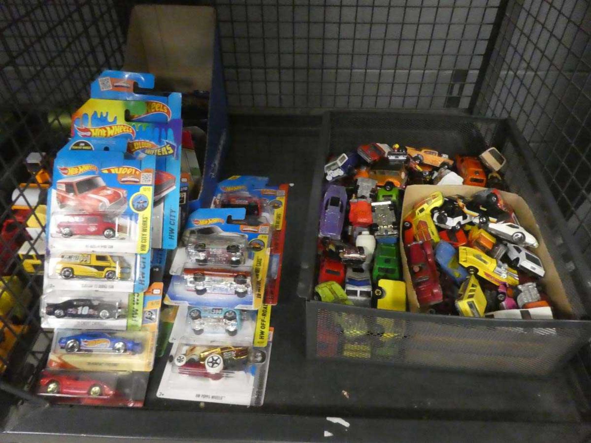 Cage containing loose and boxes Hot Wheels and other die cast cars