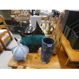 Large blue mountain fish plus two glass and studio pottery vases plus a pottery seed pod