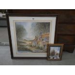 Two John Moody watercolours, country cottage, trees and gate