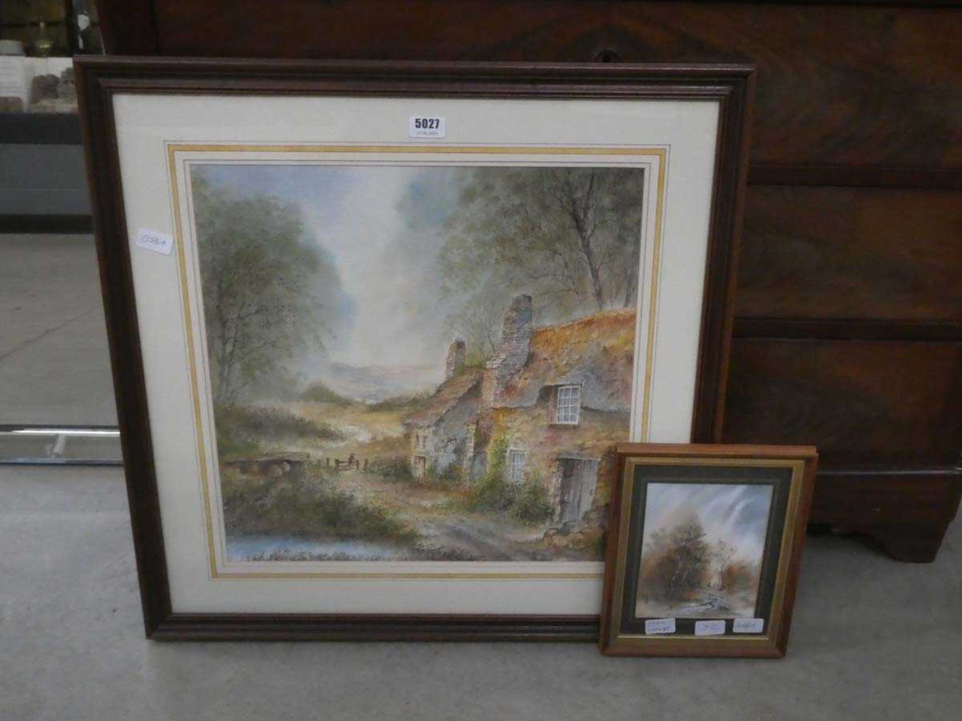 Two John Moody watercolours, country cottage, trees and gate