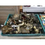 Box containing a large quantity of horse brasses, ornaments, candle sticks and plaques