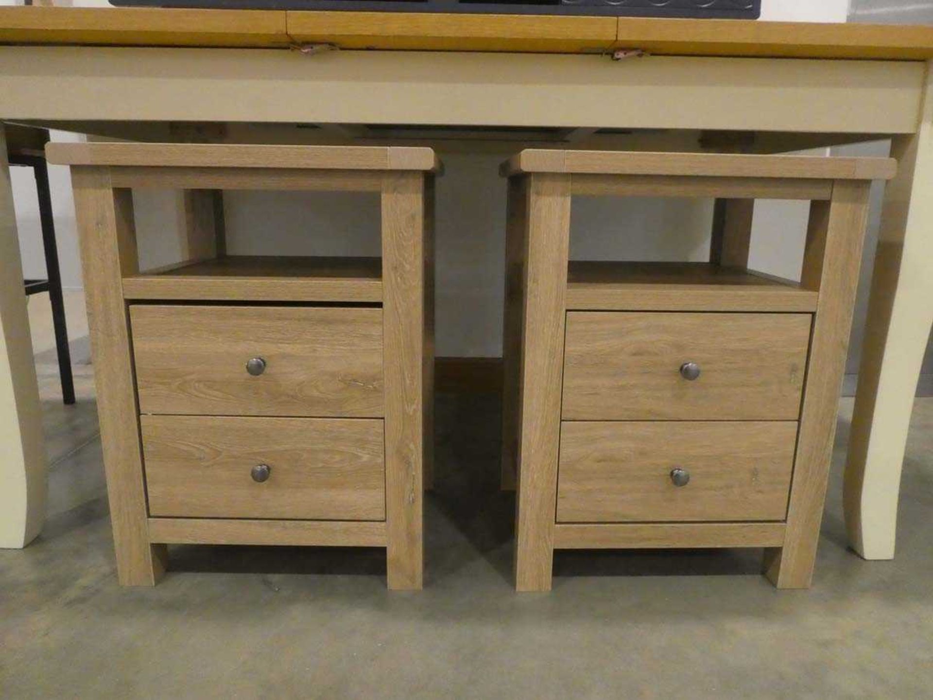 Pair of faux pine 2 drawer bedside cabinets