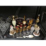 Cage containing Venetian decanter with glasses plus sherry glasses, a mother of pearl spoon,