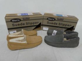 +VAT 2 boxed pairs of mens Kirkland suede slippers, 1 in brown (size 8), 1 in grey (size 11)