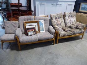 Group of wooden framed Ercol seating comprising two 2 seater sofas with loose cushions and 1 further
