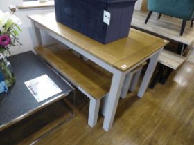 Modern grey finish dining table with oak effect surface and 2 matching dining benches