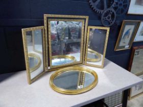 Free standing 3 panel gilt framed dressing mirror with small oval gilt framed mirror