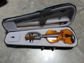 Child sized violin with bow in green carry case